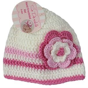 NWT Hand Crochet Baby Girl White/Pink Flower Hat 0-6m Photo Prop Knit Winter Cap